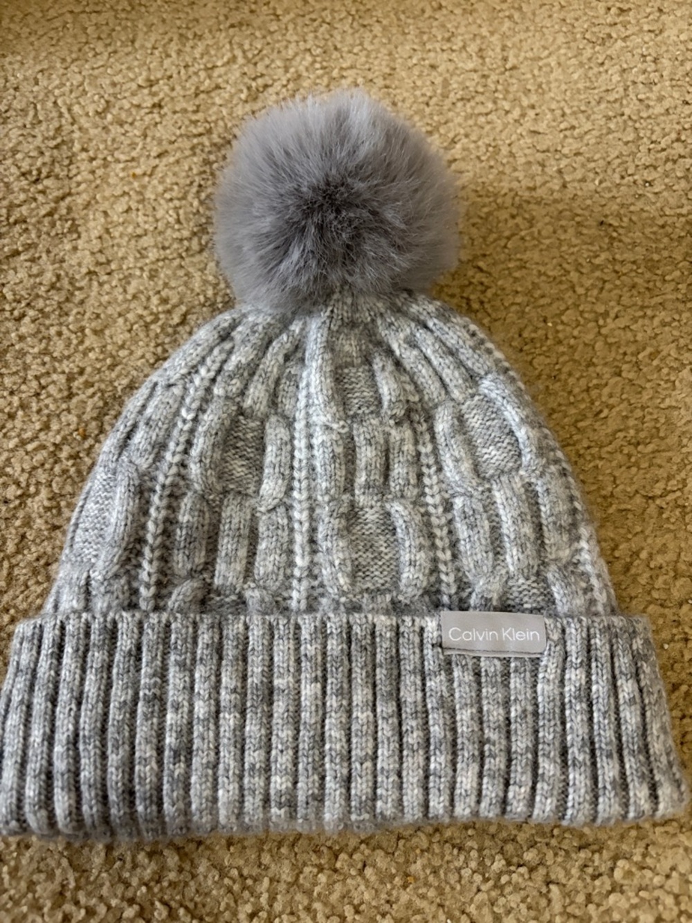 Calvin Klein Light Grey Cable Knit Pom Beanie